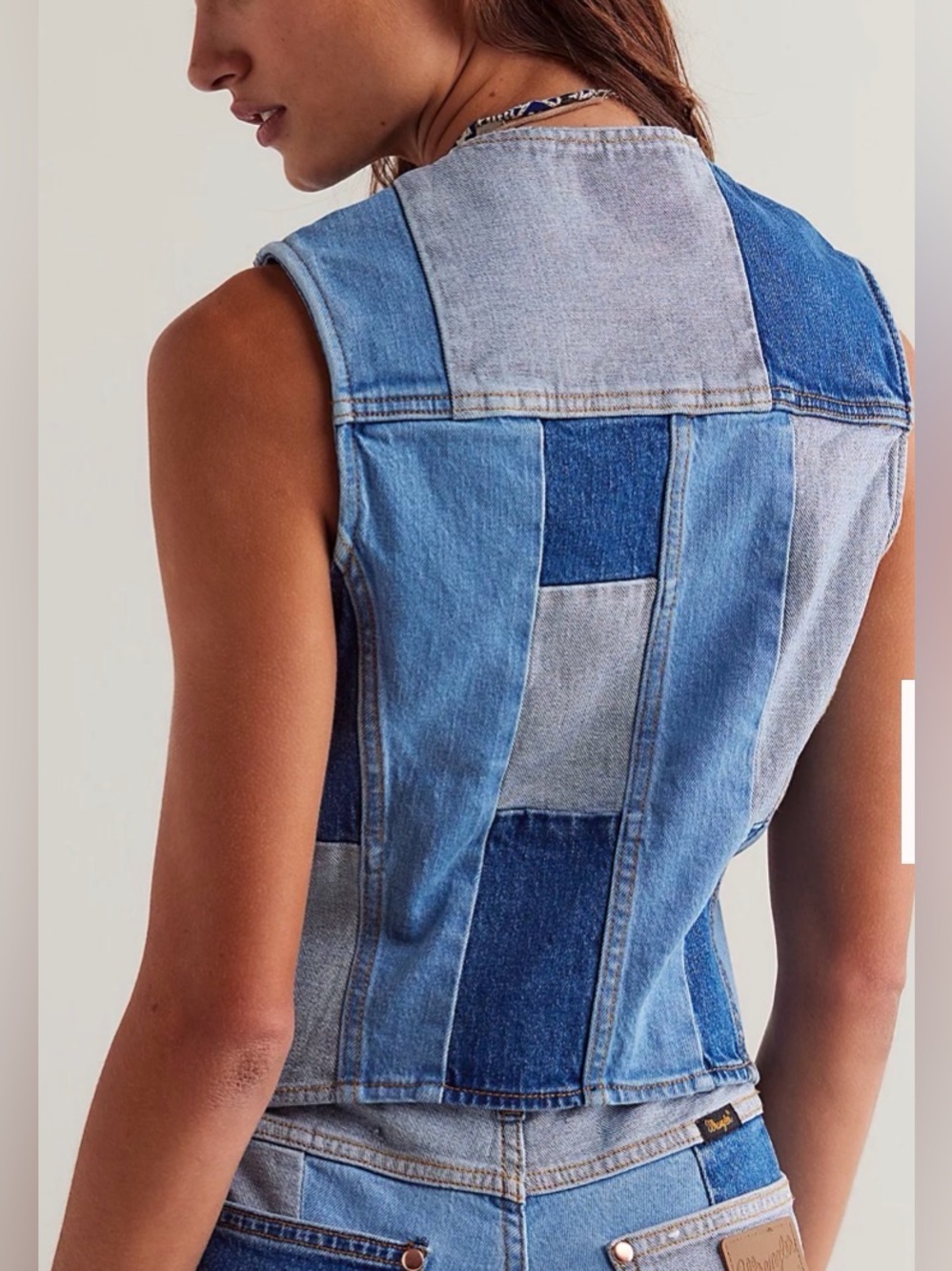 Wrangler x Lainey Wilson Patchwork Denim Vest Blue Size Medium - Picture 2 of 11